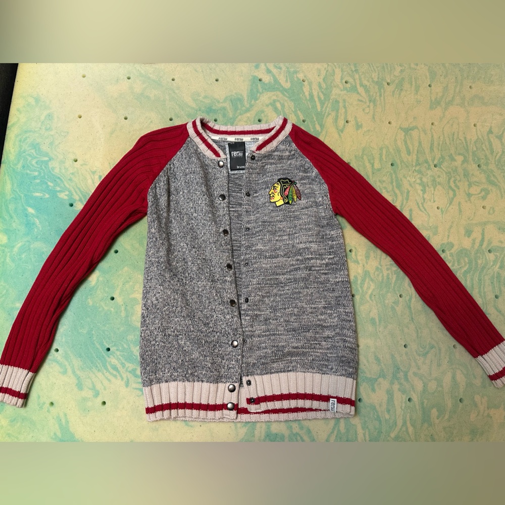 Chicago Blackhawk’s Renu Bruzer Letterman Snap Long Sleeve Women’s Sweater
